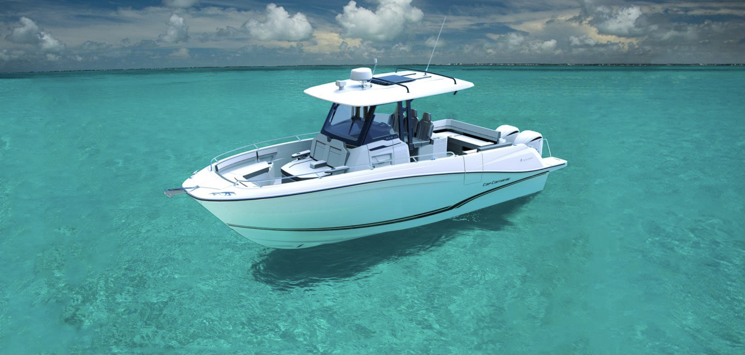The new Cap Camarat 10.5cc floating on turquoise water with blue sky and clouds in the background. The boat is sporty looking with two outboard engine, a under cover centre console with glass windsceen. The boat is mainly white.