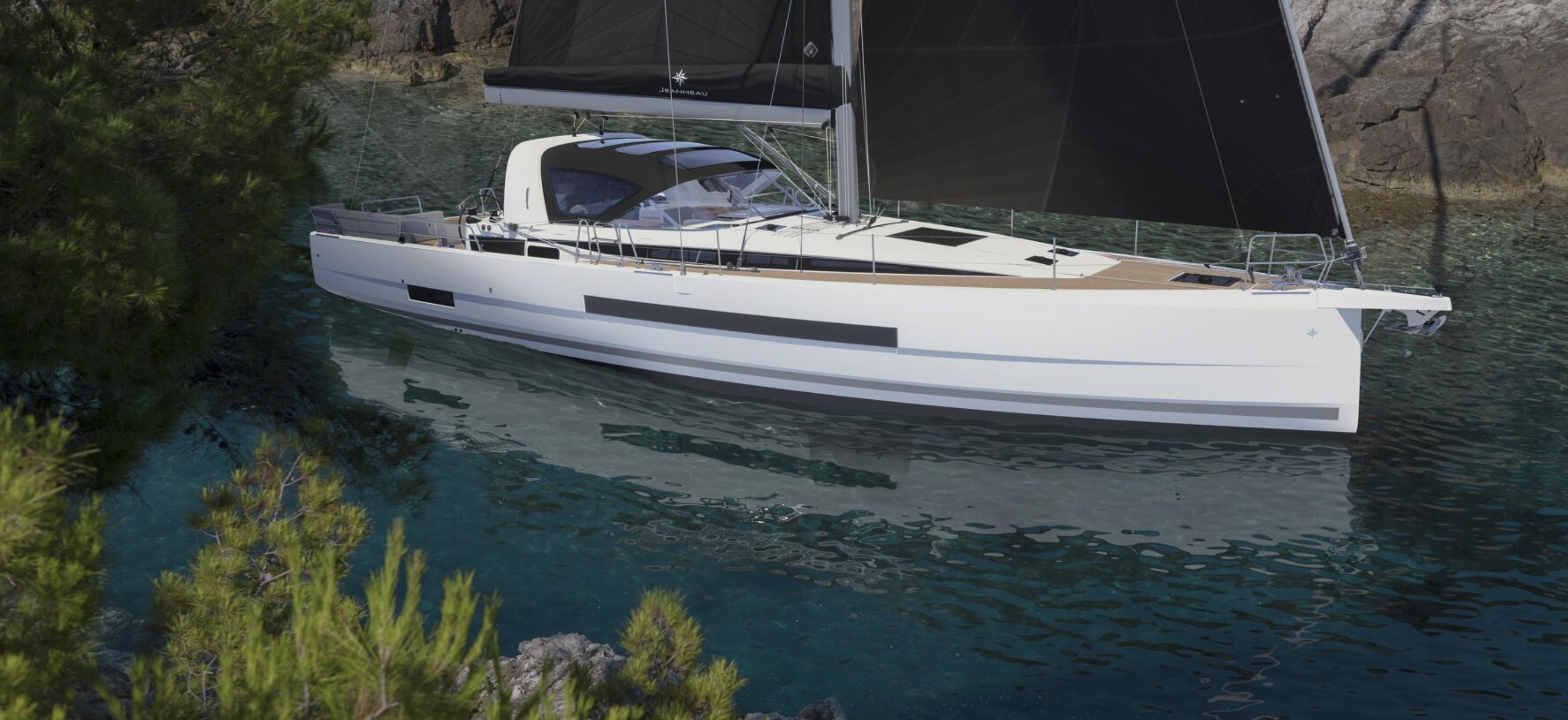 A render of the new Jeanneau 55 floating in protected bay, the water is clear and dark with a rock wall in the background and green plants in the foreground. 
